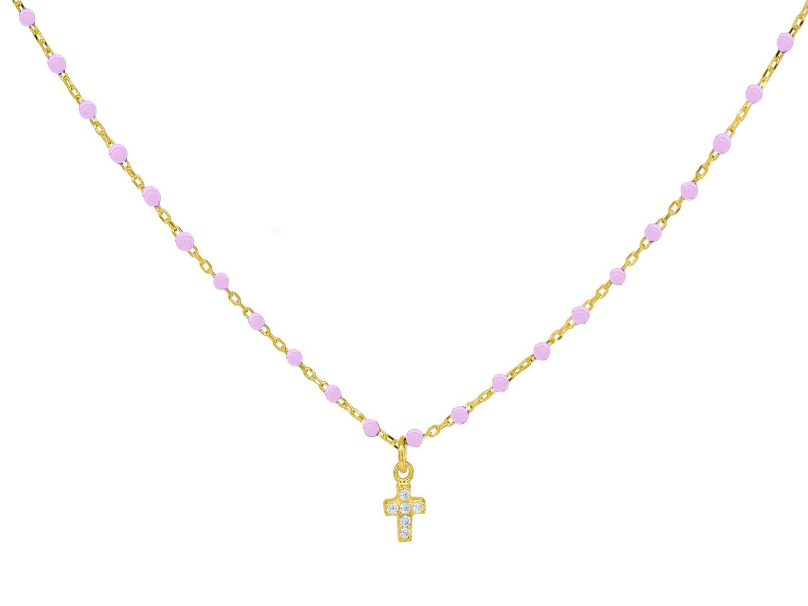 Miniature Pink Enamel CZ Cross Necklace