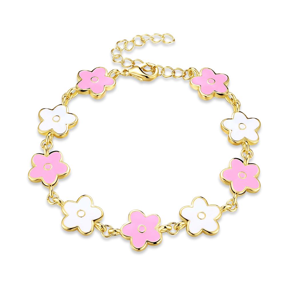 White & Pink Enamel Clover Bracelet in 14K Gold