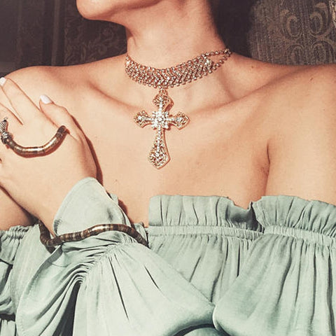 Large Crystal Cross Choker Necklace