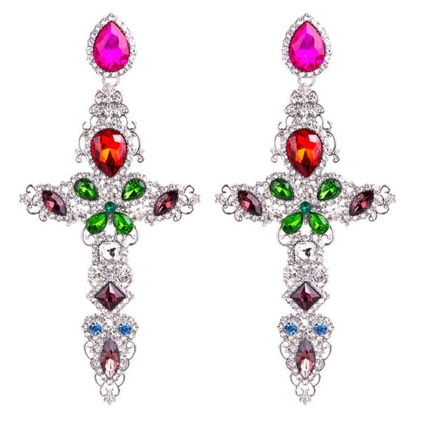 Large Multi Color Rhinestone Cross Drop Earrings