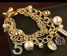 No 5 Pearl Adjustable Charm Bracelet